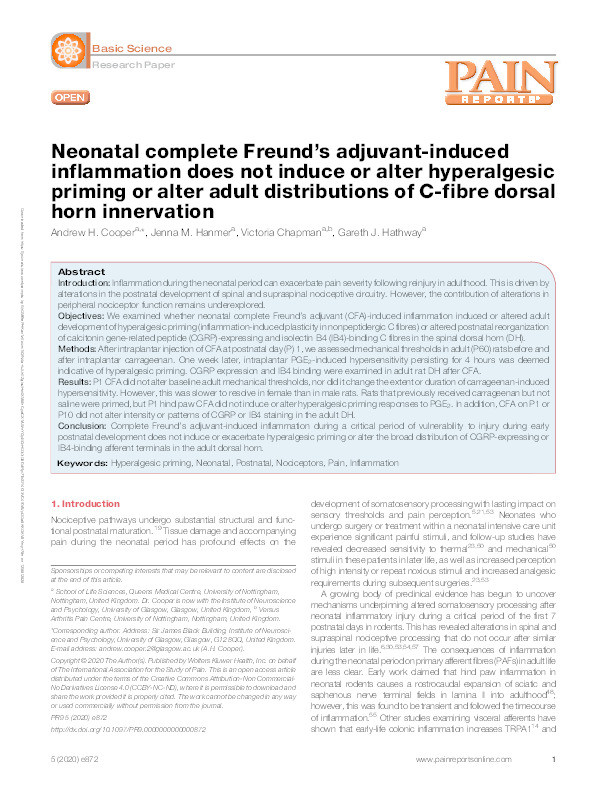 Neonatal complete Freund's adjuvant-induced inflammation does not induce or alter hyperalgesic priming or alter adult distributions of C-fibre dorsal horn innervation Thumbnail
