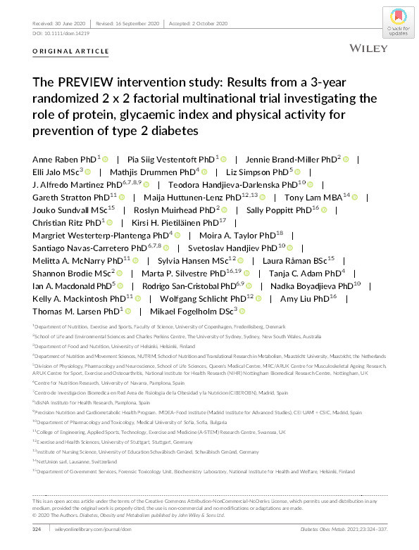 The PREVIEW intervention study: Results from a 3-year randomized 2 x 2 factorial multinational trial investigating the role of protein, glycaemic index and physical activity for prevention of type 2 diabetes Thumbnail