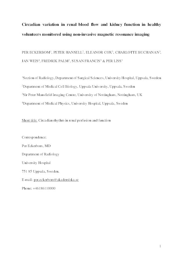 Circadian variation in renal blood flow and kidney function in healthy volunteers monitored using non-invasive magnetic resonance imaging Thumbnail