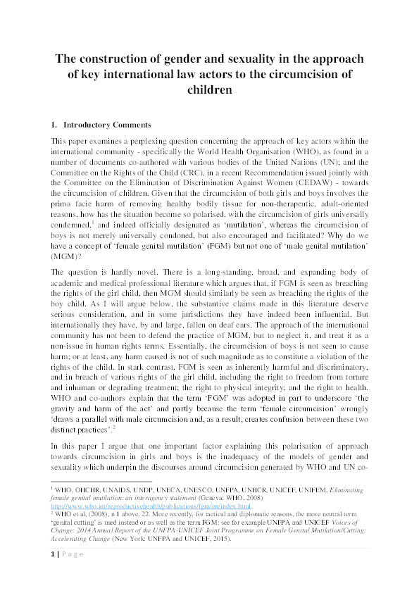 The Construction of Gender and Sexuality in the Approach of Key International Law Actors to the Circumcision of Children Thumbnail