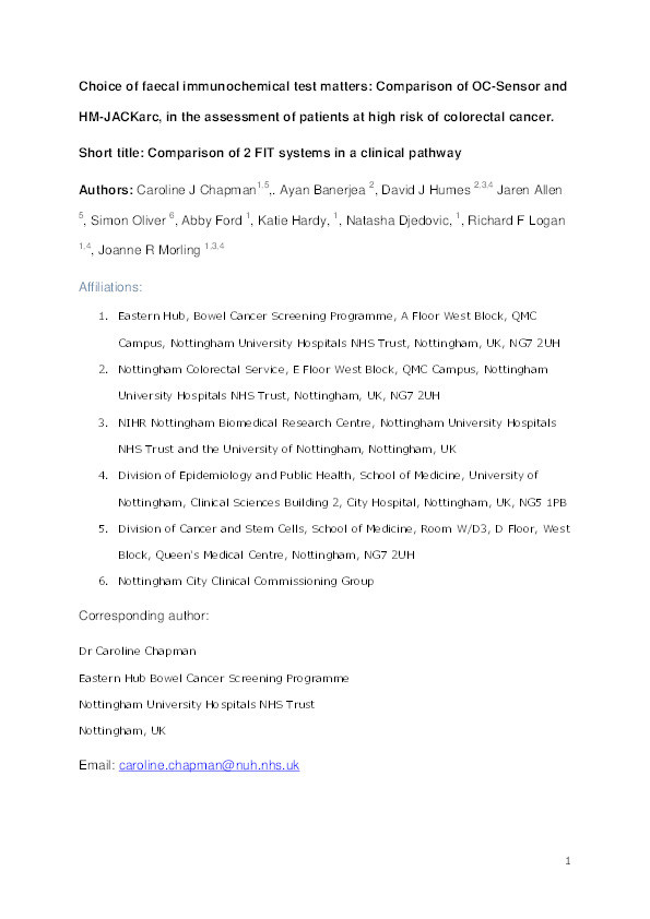 Choice of faecal immunochemical test matters: comparison of OC-Sensor and HM-JACKarc, in the assessment of patients at high risk of colorectal cancer Thumbnail