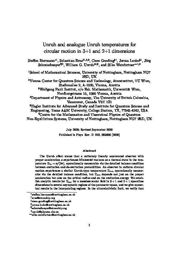 Unruh and analogue Unruh temperatures for circular motion in 3+1 and 2+1 dimensions Thumbnail
