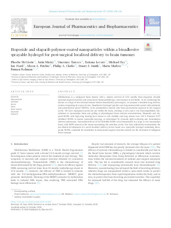 Etoposide and olaparib polymer-coated nanoparticles within a bioadhesive sprayable hydrogel for post-surgical localised delivery to brain tumours Thumbnail