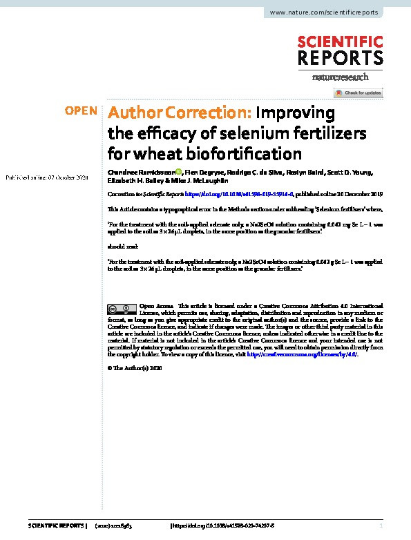 Author Correction: Improving the efficacy of selenium fertilizers for wheat biofortification Thumbnail