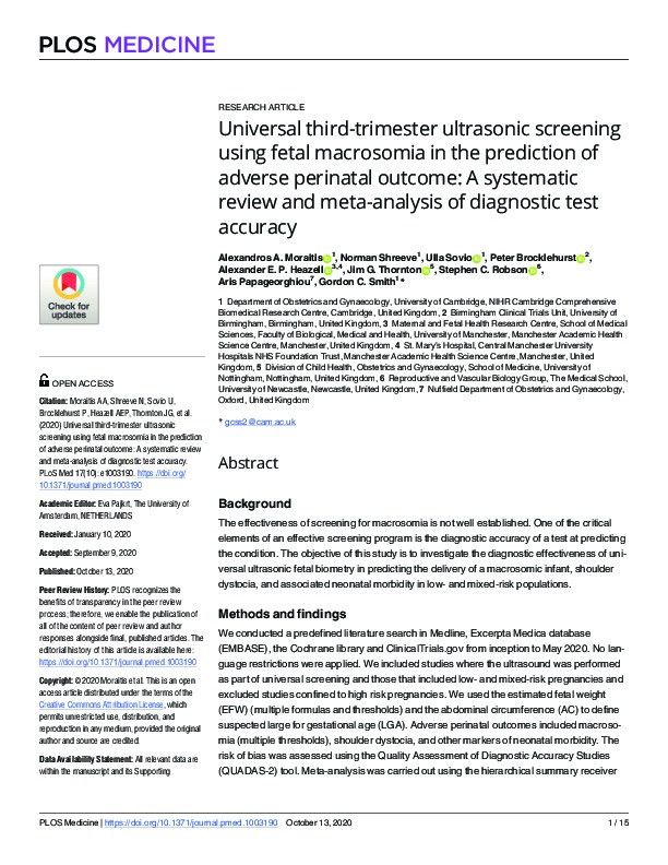 Universal third-trimester ultrasonic screening using fetal macrosomia in the prediction of adverse perinatal outcome: A systematic review and meta-analysis of diagnostic test accuracy Thumbnail