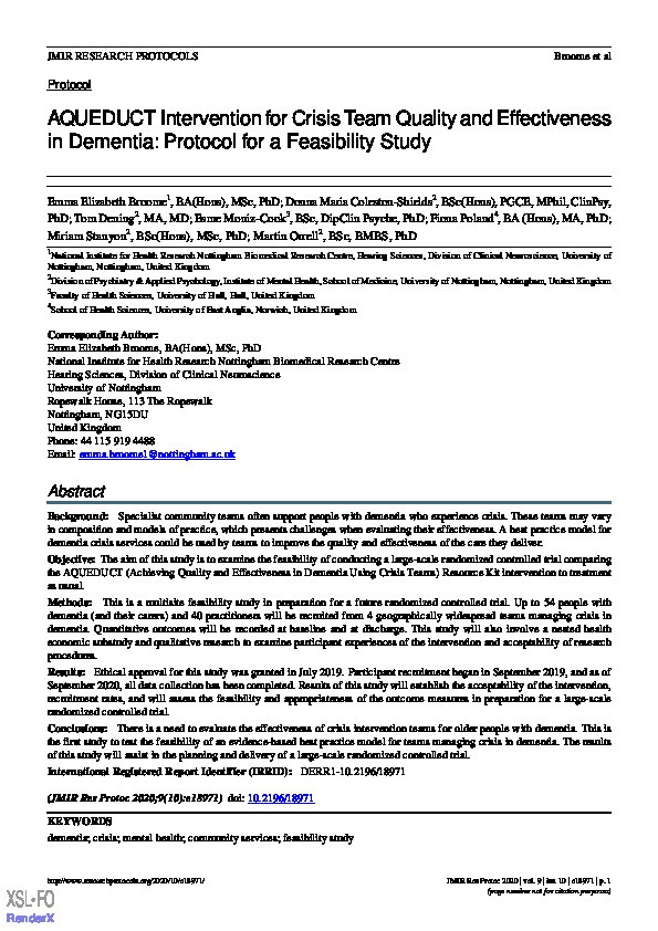 AQUEDUCT Intervention for Crisis Team Quality and Effectiveness in Dementia: Protocol for a Feasibility Study Thumbnail