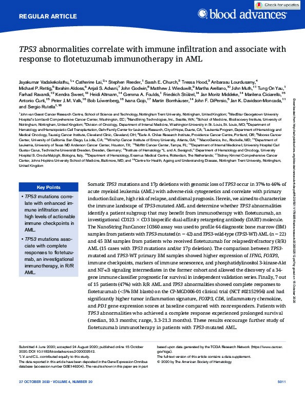 TP53 abnormalities correlate with immune infiltration and associate with response to flotetuzumab immunotherapy in AML Thumbnail