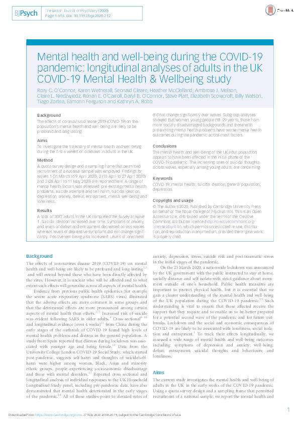 Mental health and wellbeing during the COVID-19 pandemic: longitudinal analyses of adults in the UK COVID-19 Mental Health & Wellbeing study Thumbnail