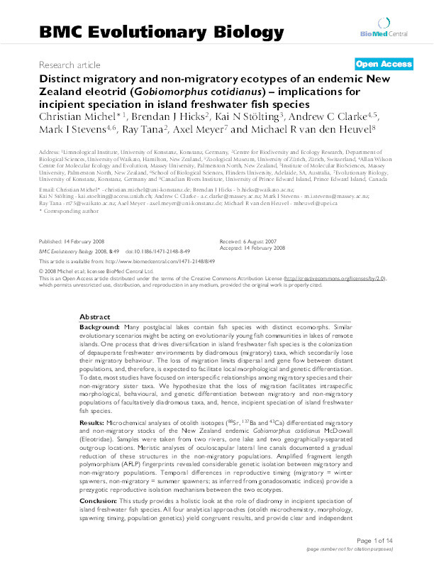 Distinct migratory and non-migratory ecotypes of an endemic New Zealand eleotrid (Gobiomorphus cotidianus) – implications for incipient speciation in island freshwater fish species Thumbnail