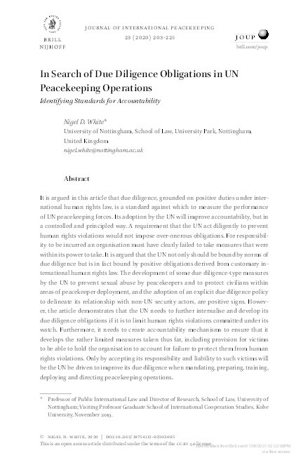 In Search of Due Diligence Obligations in UN Peacekeeping Operations: Identifying Standards for Accountability Thumbnail