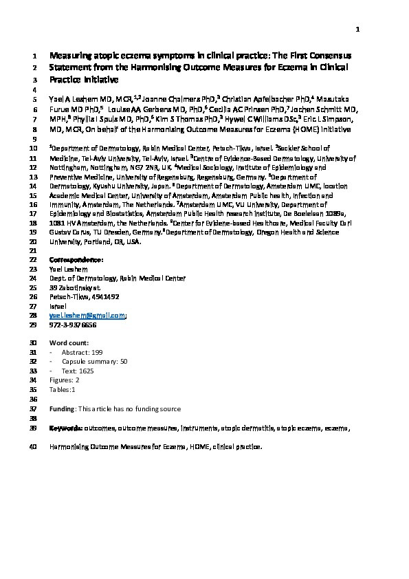 Measuring atopic eczema symptoms in clinical practice: The first consensus statement from the Harmonising Outcome Measures for Eczema in clinical practice initiative Thumbnail