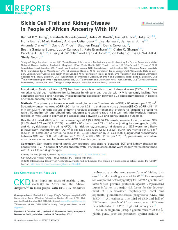 Sickle Cell Trait and Kidney Disease in People of African Ancestry With HIV Thumbnail