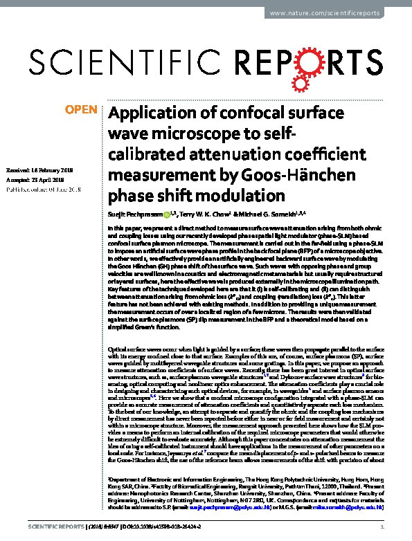 Application of confocal surface wave microscope to self-calibrated attenuation coefficient measurement by Goos-Hänchen phase shift modulation Thumbnail