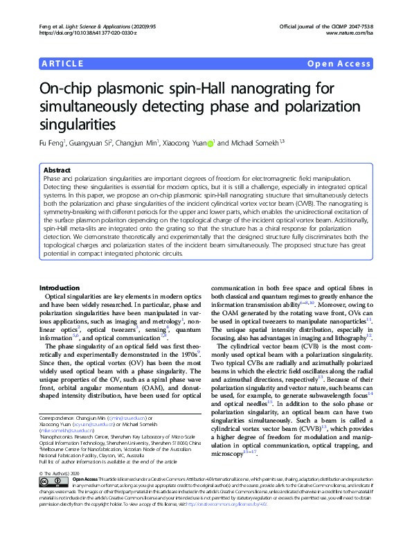 On-chip plasmonic spin-Hall nanograting for simultaneously detecting phase and polarization singularities Thumbnail