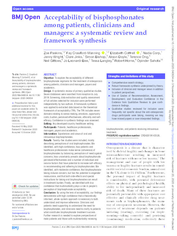 Acceptability of bisphosphonates among patients, clinicians and managers: a systematic review and framework synthesis. Thumbnail