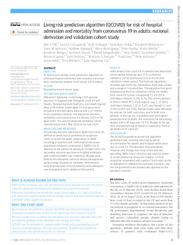 Living risk prediction algorithm (QCOVID) for risk of hospital admission and mortality from coronavirus 19 in adults: national derivation and validation cohort study Thumbnail