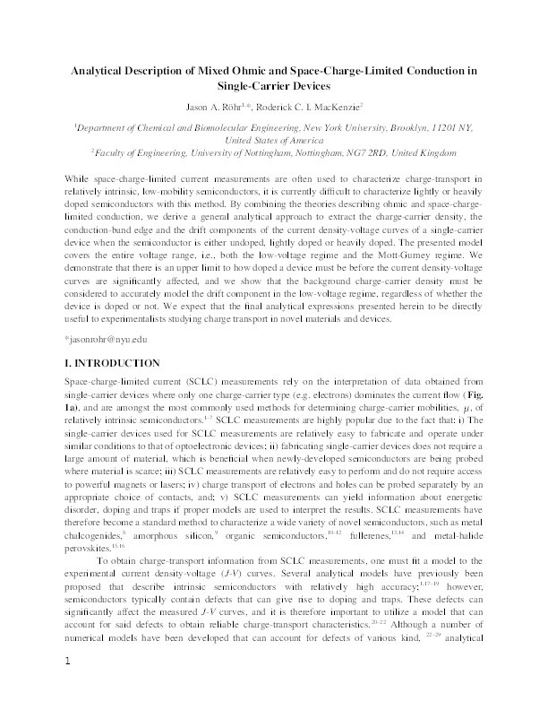 Analytical description of mixed ohmic and space-charge-limited conduction in single-carrier devices Thumbnail