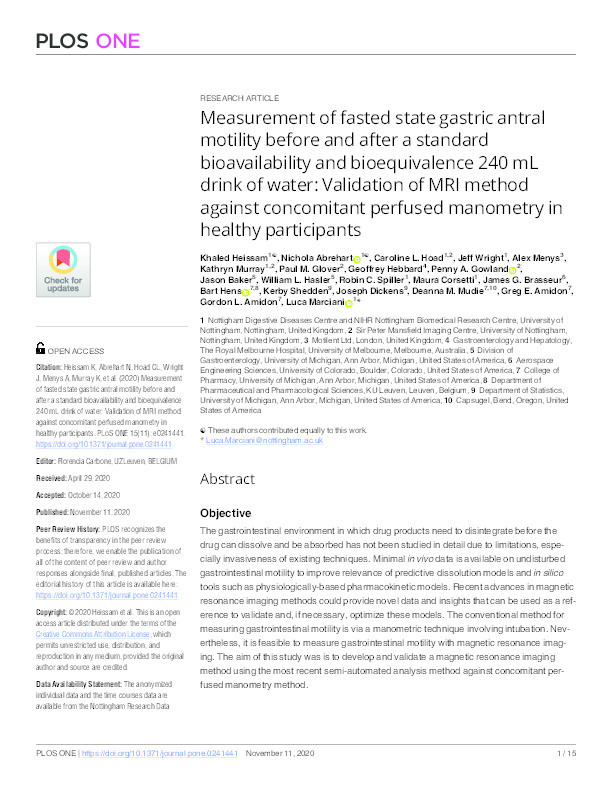 Measurement of fasted state gastric antral motility before and after a standard bioavailability and bioequivalence 240 mL drink of water: Validation of MRI method against concomitant perfused manometry in healthy participants Thumbnail
