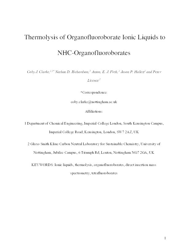 Thermolysis of Organofluoroborate Ionic Liquids to NHC-Organofluoroborates Thumbnail