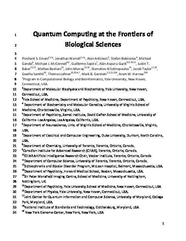 Quantum computing at the frontiers of biological sciences Thumbnail