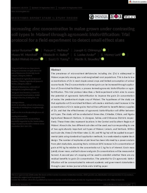 Increasing zinc concentration in maize grown under contrasting soil types in Malawi through agronomic biofortification: Trial protocol for a field experiment to detect small effect sizes Thumbnail