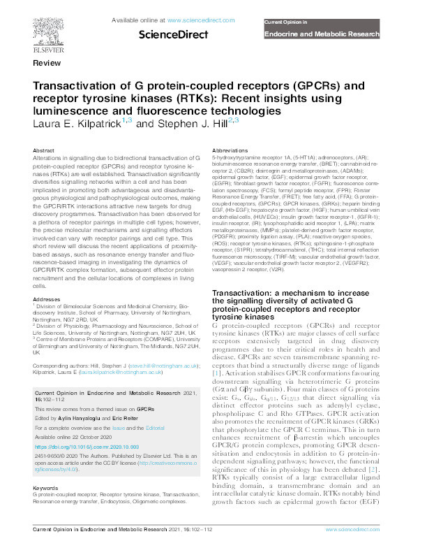 Transactivation of G protein-coupled receptors (GPCRs) and receptor tyrosine kinases (RTKs): Recent insights using luminescence and fluorescence technologies Thumbnail