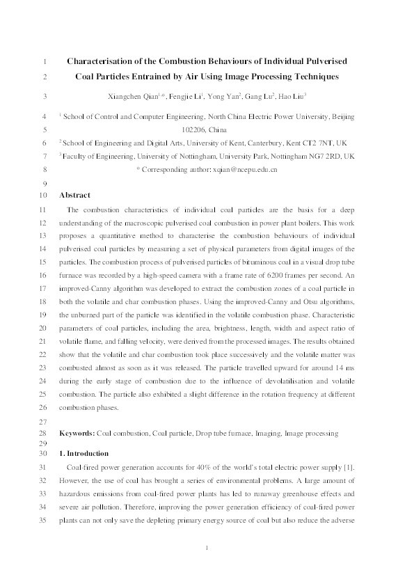 Characterisation of the combustion behaviours of individual pulverised coal particles entrained by air using image processing techniques Thumbnail