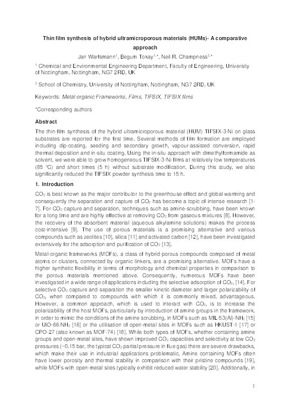 Thin film synthesis of hybrid ultramicroporous materials (HUMs)- a comparative approach Thumbnail