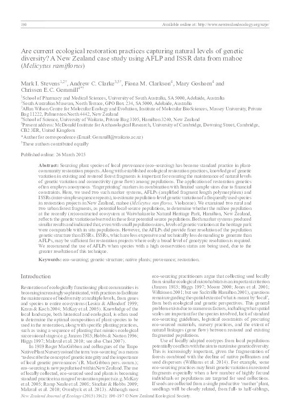 Are current ecological restoration practices capturing natural levels of genetic diversity? A New Zealand case study using AFLP and ISSR data from mahoe (Melicytus ramiflorus) Thumbnail