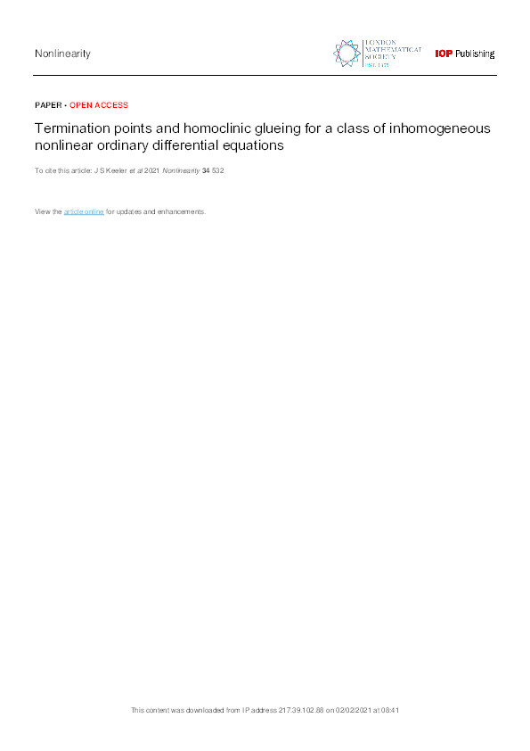 Termination points and homoclinic glueing for a class of inhomogeneous nonlinear ordinary differential equations Thumbnail