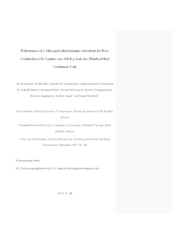 Performance of a silica-polyethyleneimine adsorbent for post-combustion CO2 capture on a 100kg scale in a fluidized bed continuous unit Thumbnail