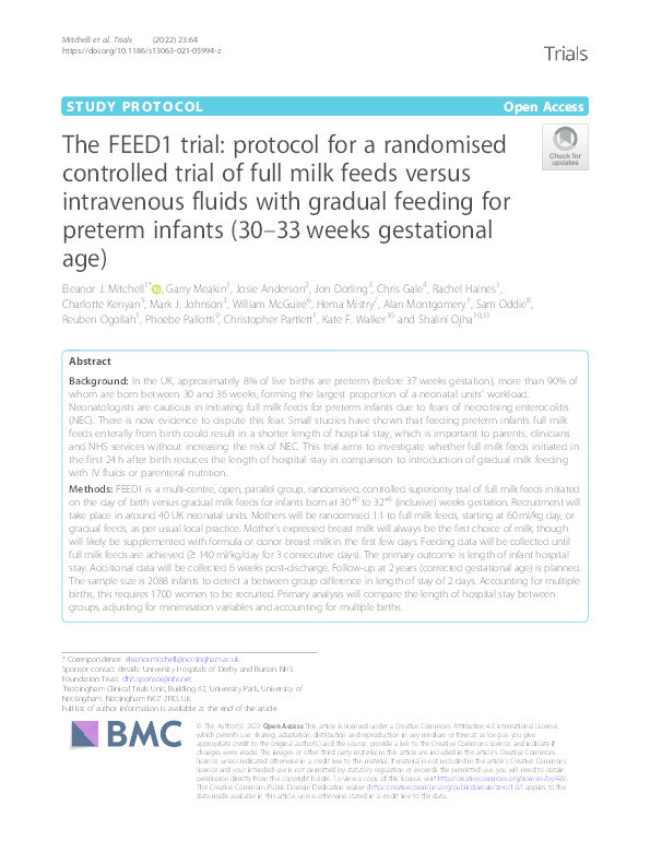 The FEED1 trial: protocol for a randomised controlled trial of full milk feeds versus intravenous fluids with gradual feeding for preterm infants (30–33 weeks gestational age) Thumbnail