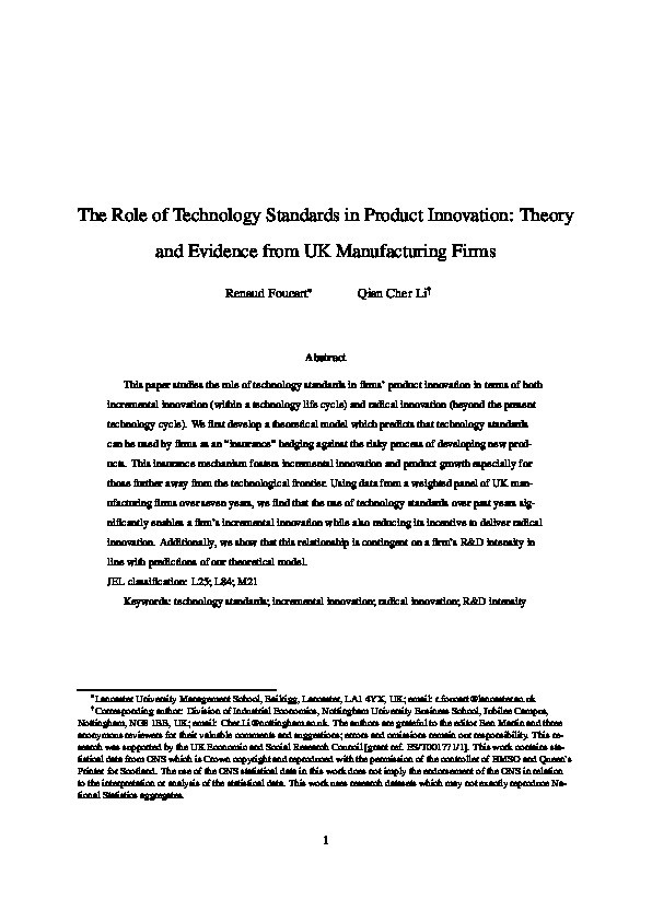 The role of technology standards in product innovation: Theory and evidence from UK manufacturing firms Thumbnail