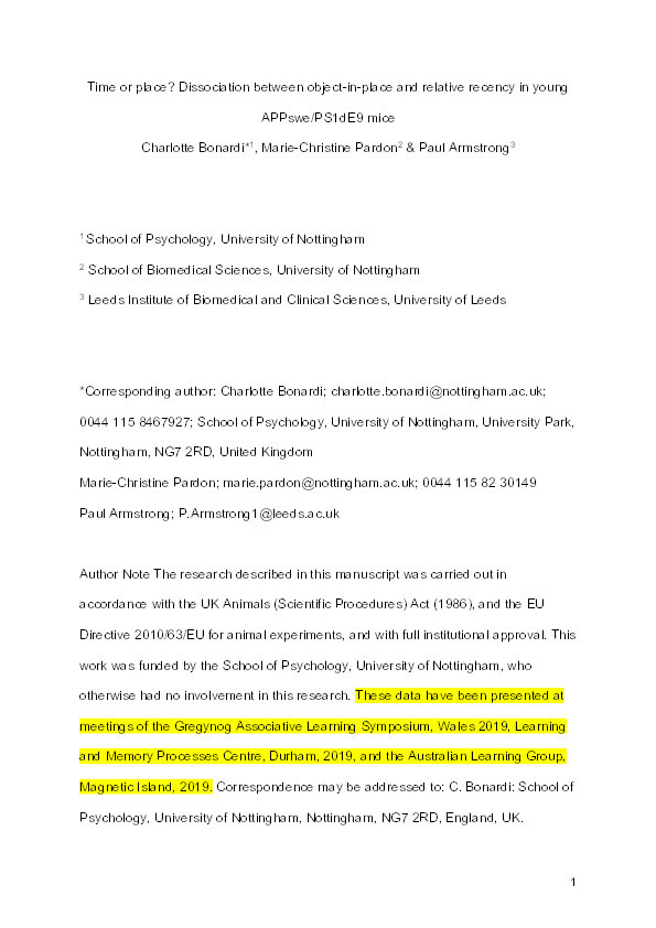 Time or place? Dissociation between object-in-place and relative recency in young APPswe/PS1dE9 mice. Thumbnail