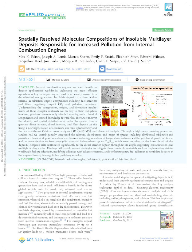 Spatially Resolved Molecular Compositions of Insoluble Multilayer Deposits Responsible for Increased Pollution from Internal Combustion Engines Thumbnail