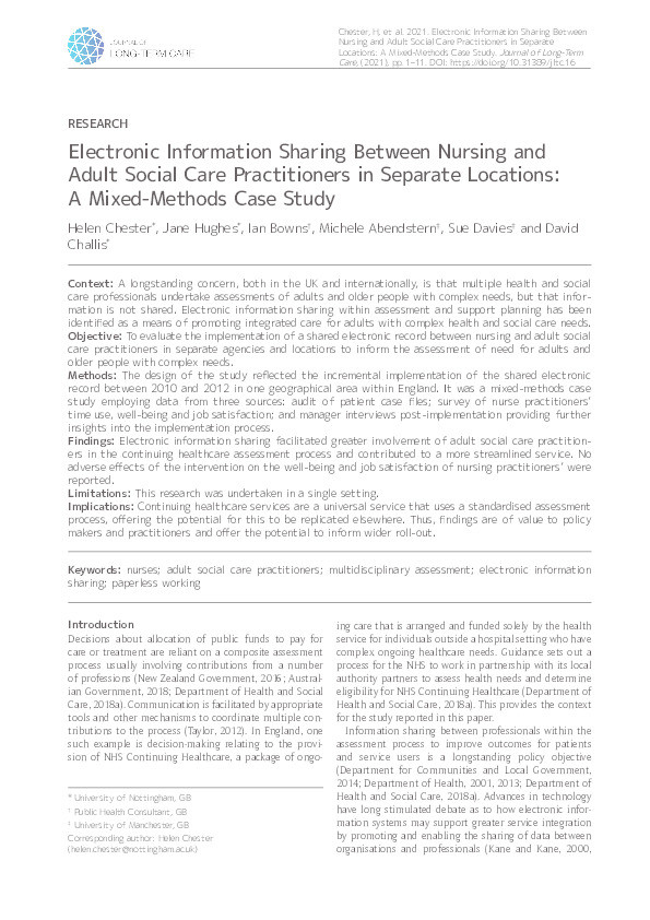 Electronic Information Sharing Between Nursing and Adult Social Care Practitioners in Separate Locations: A Mixed-Methods Case Study Thumbnail