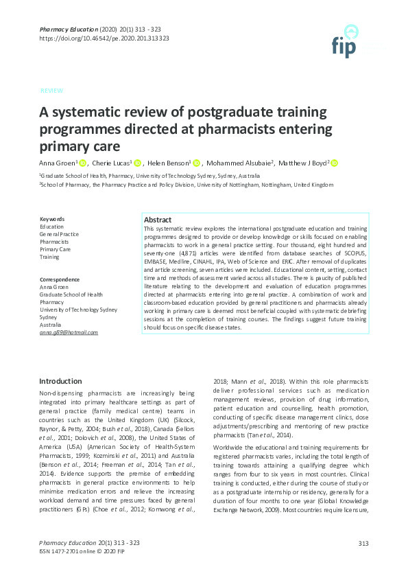 A systematic review of postgraduate training programmes directed at pharmacists entering primary care Thumbnail