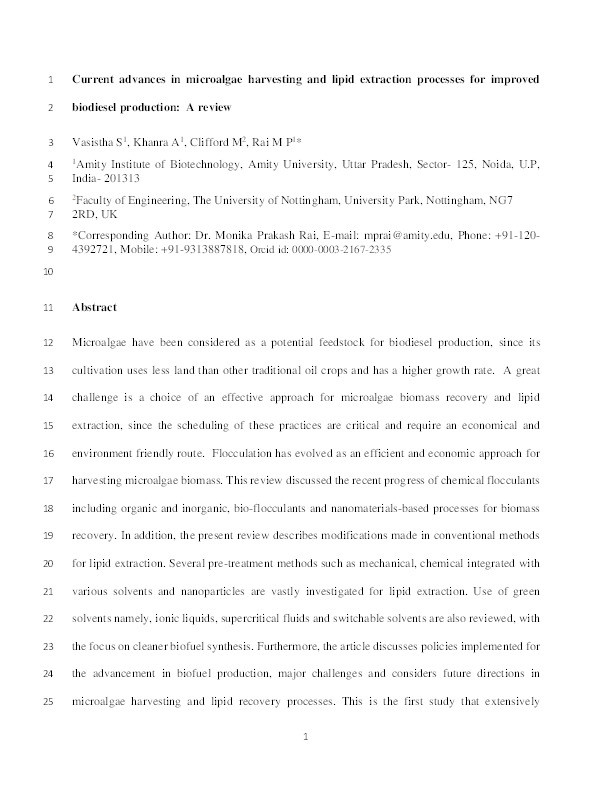 Current advances in microalgae harvesting and lipid extraction processes for improved biodiesel production: A review Thumbnail