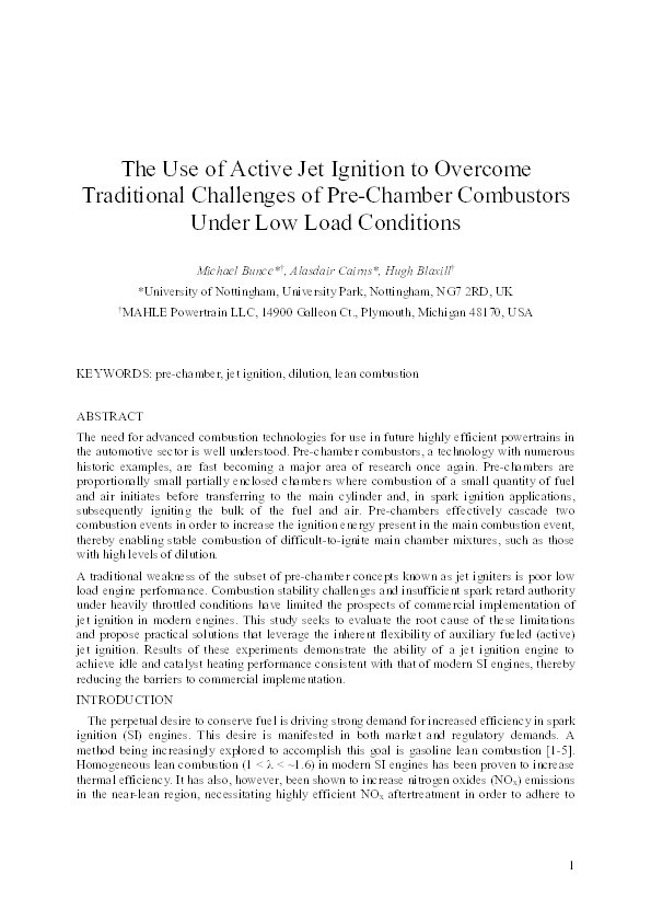 The use of active jet ignition to overcome traditional challenges of pre-chamber combustors under low load conditions Thumbnail