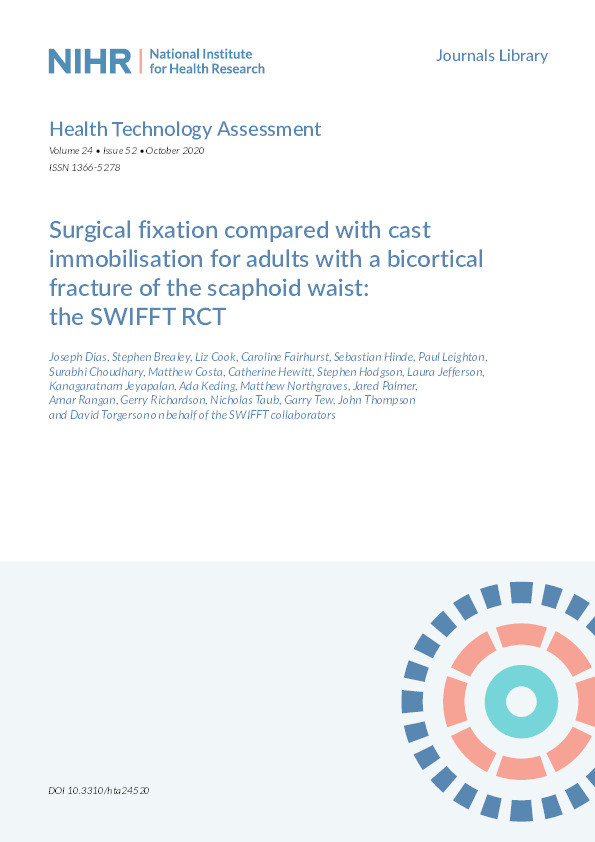 Surgical fixation compared with cast immobilisation for adults with a bicortical fracture of the scaphoid waist: the SWIFFT RCT Thumbnail