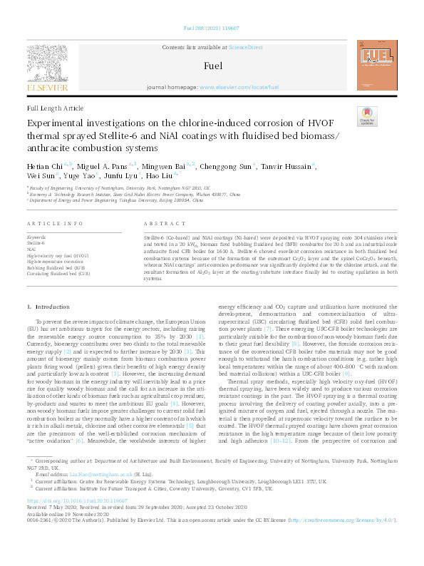 Experimental investigations on the chlorine-induced corrosion of HVOF thermal sprayed Stellite-6 and NiAl coatings with fluidised bed biomass/anthracite combustion systems Thumbnail