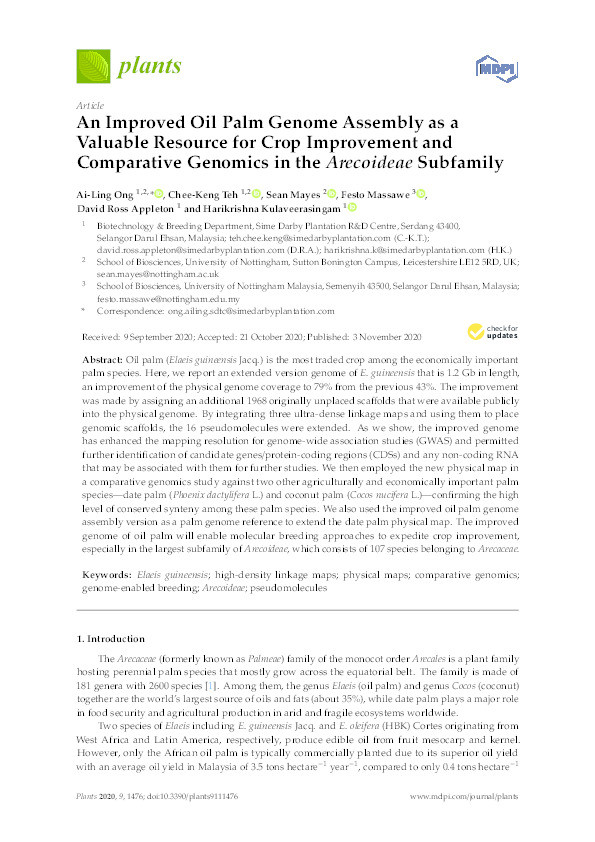 An improved oil palm genome assembly as a valuable resource for crop improvement and comparative genomics in the Arecoideae subfamily Thumbnail
