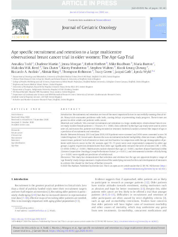 Age specific recruitment and retention to a large multicentre observational breast cancer trial in older women: The Age Gap Trial Thumbnail