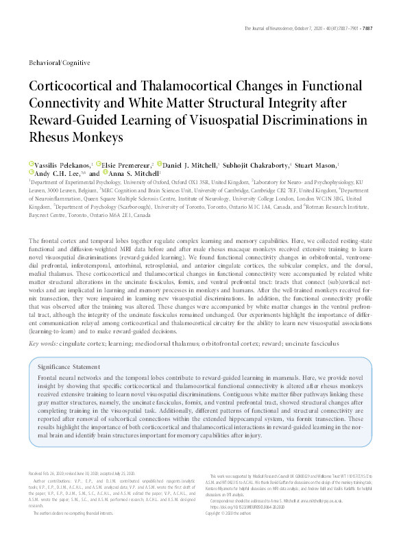 Corticocortical and Thalamocortical Changes in Functional Connectivity and White Matter Structural Integrity after Reward-Guided Learning of Visuospatial Discriminations in Rhesus Monkeys Thumbnail