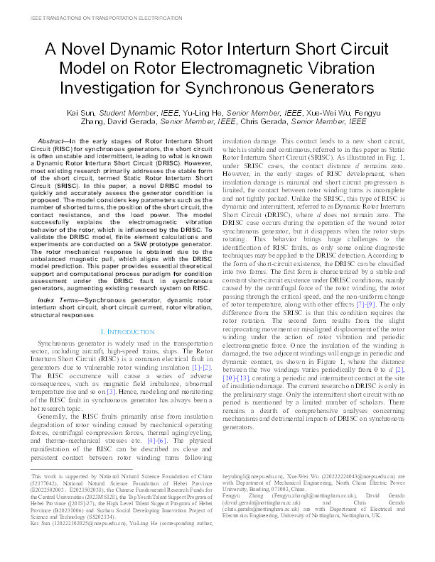 A Novel Dynamic Rotor Interturn Short Circuit Model on Rotor Electromagnetic Vibration Investigation for Synchronous Generators Thumbnail