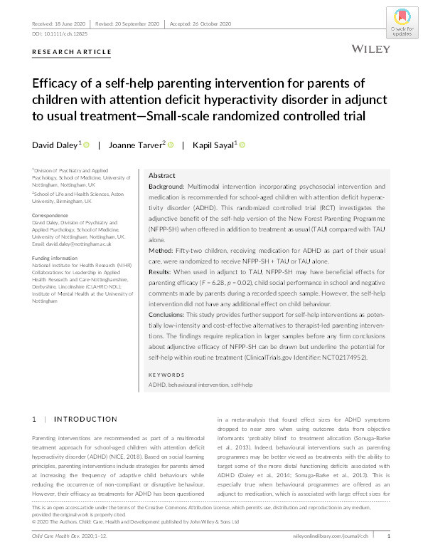 Efficacy of a self-help parenting intervention for parents of children with Attention Deficit Hyperactivity Disorder in adjunct to usual treatment – Small Scale Randomised Controlled Trial Thumbnail