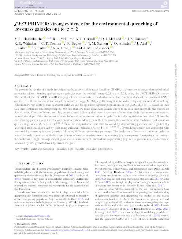 JWST PRIMER: strong evidence for the environmental quenching of low-mass galaxies out to z ≃ 2 Thumbnail