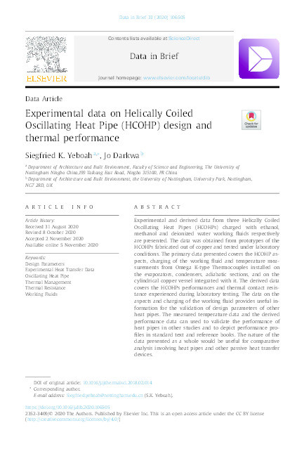 Experimental data on Helically Coiled Oscillating Heat Pipe (HCOHP) design and thermal performance Thumbnail