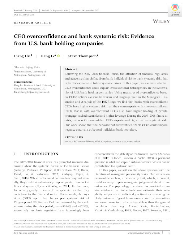 CEO overconfidence and bank systemic risk: Evidence from U.S. bank holding companies Thumbnail