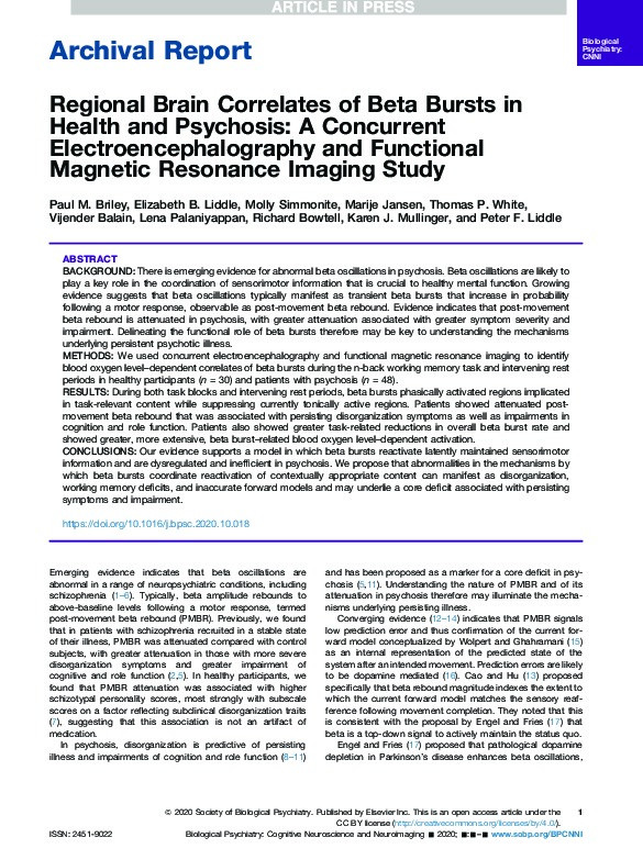 Regional Brain Correlates of Beta Bursts in Health and Psychosis: A Concurrent Electroencephalography and Functional Magnetic Resonance Imaging Study Thumbnail